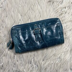 Tano Teal Distressed Leather Boi-Fold Wallet Clutch Card Organizer Boho Artsy